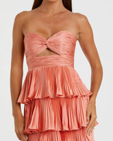 Pink Pleated Charmeuse Strapless Tiered Ruffle Gown